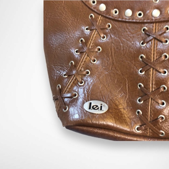 Y2K LEI Brown Faux  Leather Laced Studded Mini Bag Purse Handbag Boho Western - Picture 3 of 7